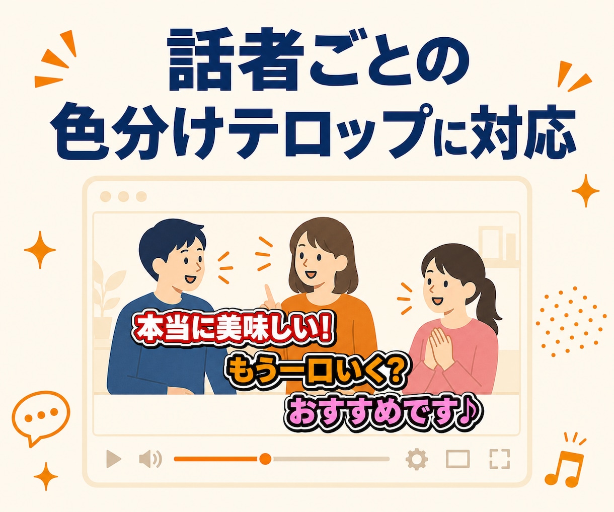 エンタメ系YouTubeをフルテロップ編集します 全発言テロップ対応。レスの速さと丁寧なやり取りが強みです イメージ4