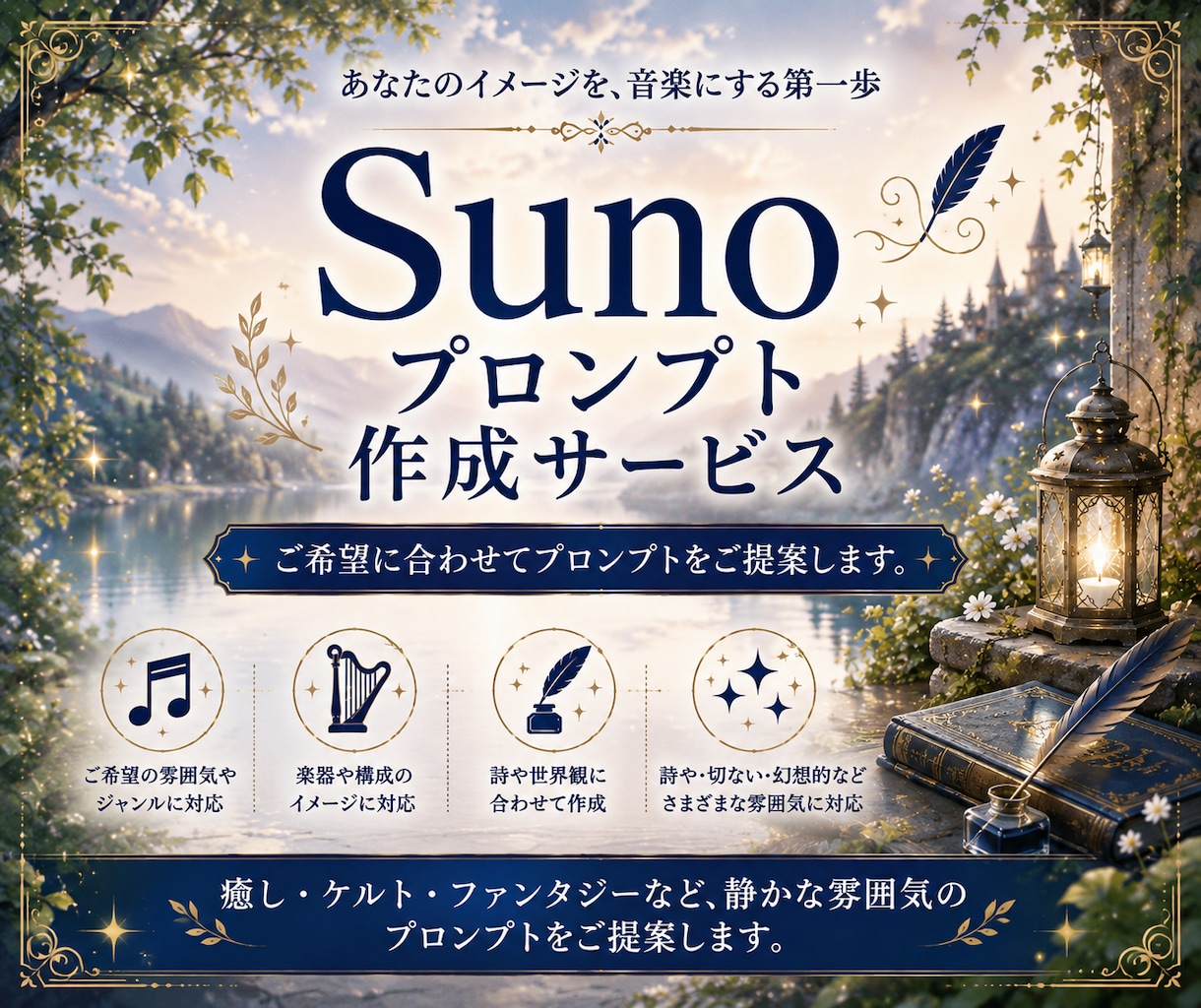 SunoのAI音楽プロンプトをご提案します あなたのイメージに合わせたSunoプロンプトを作成します。 イメージ1