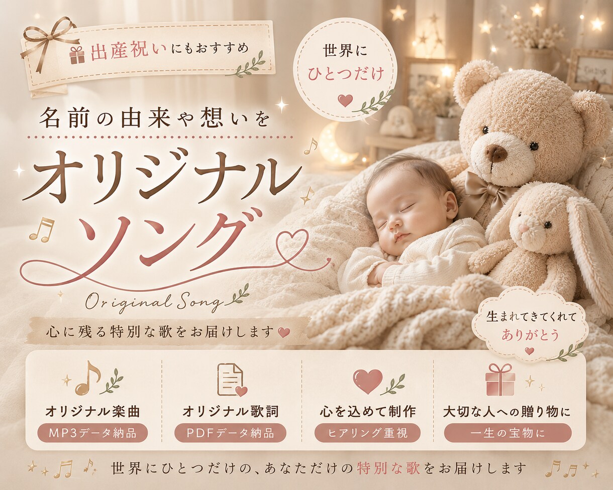 名前の由来や思い出から世界に一つの歌を作ります 出産祝いや成長記録に。一生残る贈り物をお作りします イメージ1