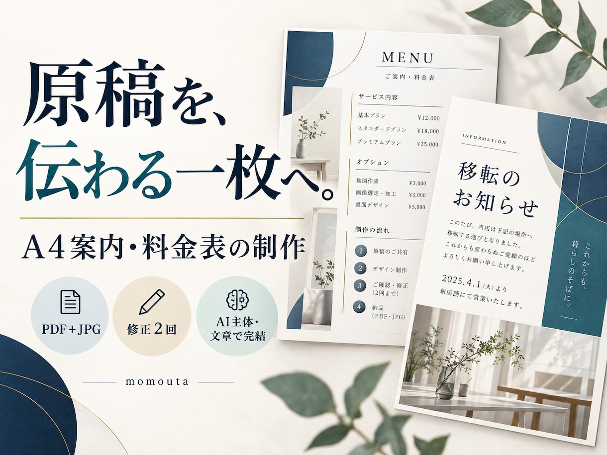 支給原稿から読みやすいA4案内・料金表を作ります 文章だけで相談完結。PDFと画像でお渡し イメージ1