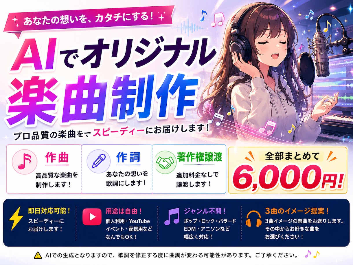 あなただけのオリジナルソングを作ります AIを活用し、作詞から楽曲制作まで幅広く対応しております。 イメージ1