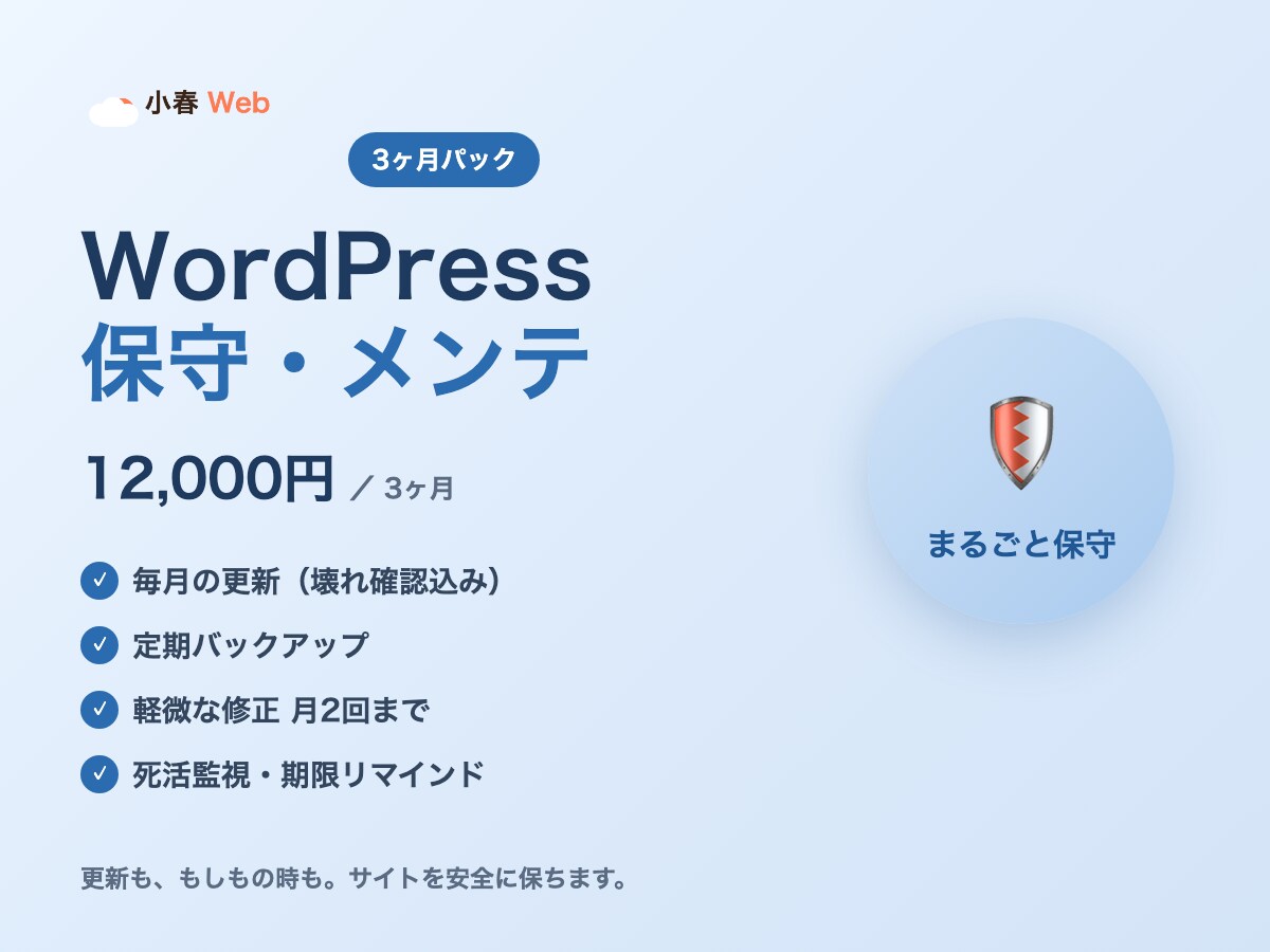 WordPress保守を3ヶ月代行します 月次の更新・バックアップ・軽微な修正で安心維持 イメージ1