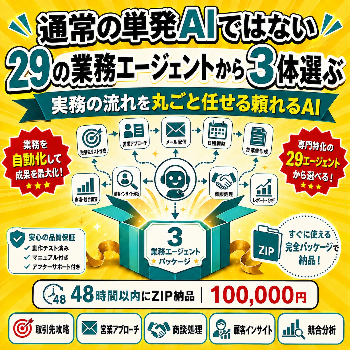 すぐ使える29の業務エージェントから3体選べます 操作に迷わないナビゲーション付き｜資料送付不要・PC内完結 イメージ1