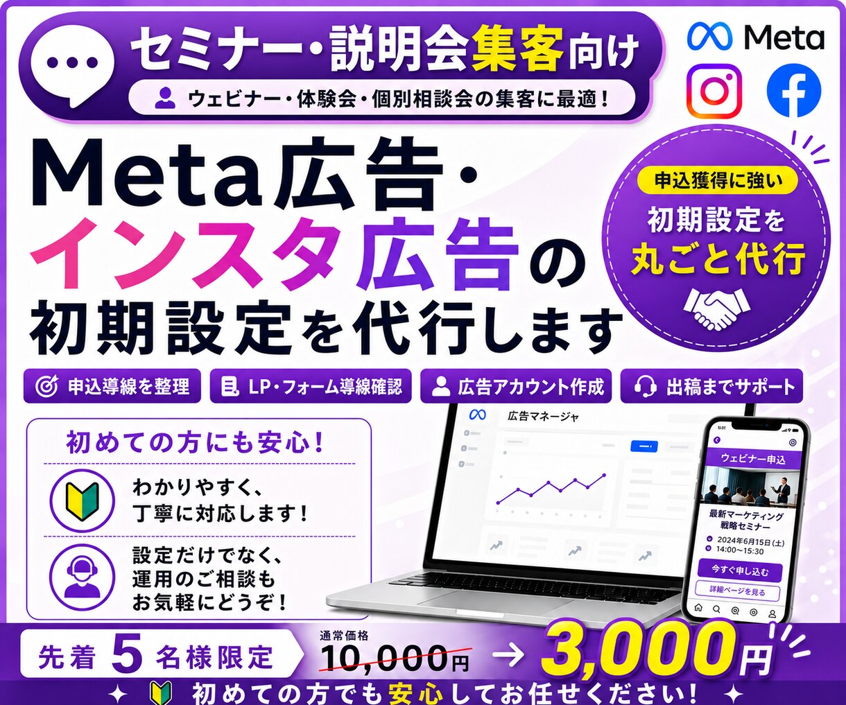 セミナー集客向け｜Meta広告初期設定を代行します セミナー・説明会・個別相談の集客に繋がる広告を配信したい方へ イメージ1