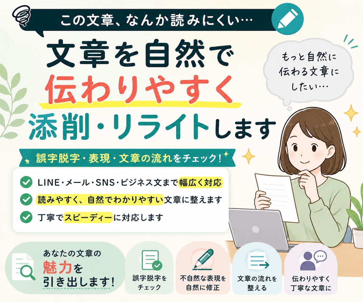 文章を自然で伝わりやすく添削・リライトします 自然で読みやすい文章に整えます イメージ1