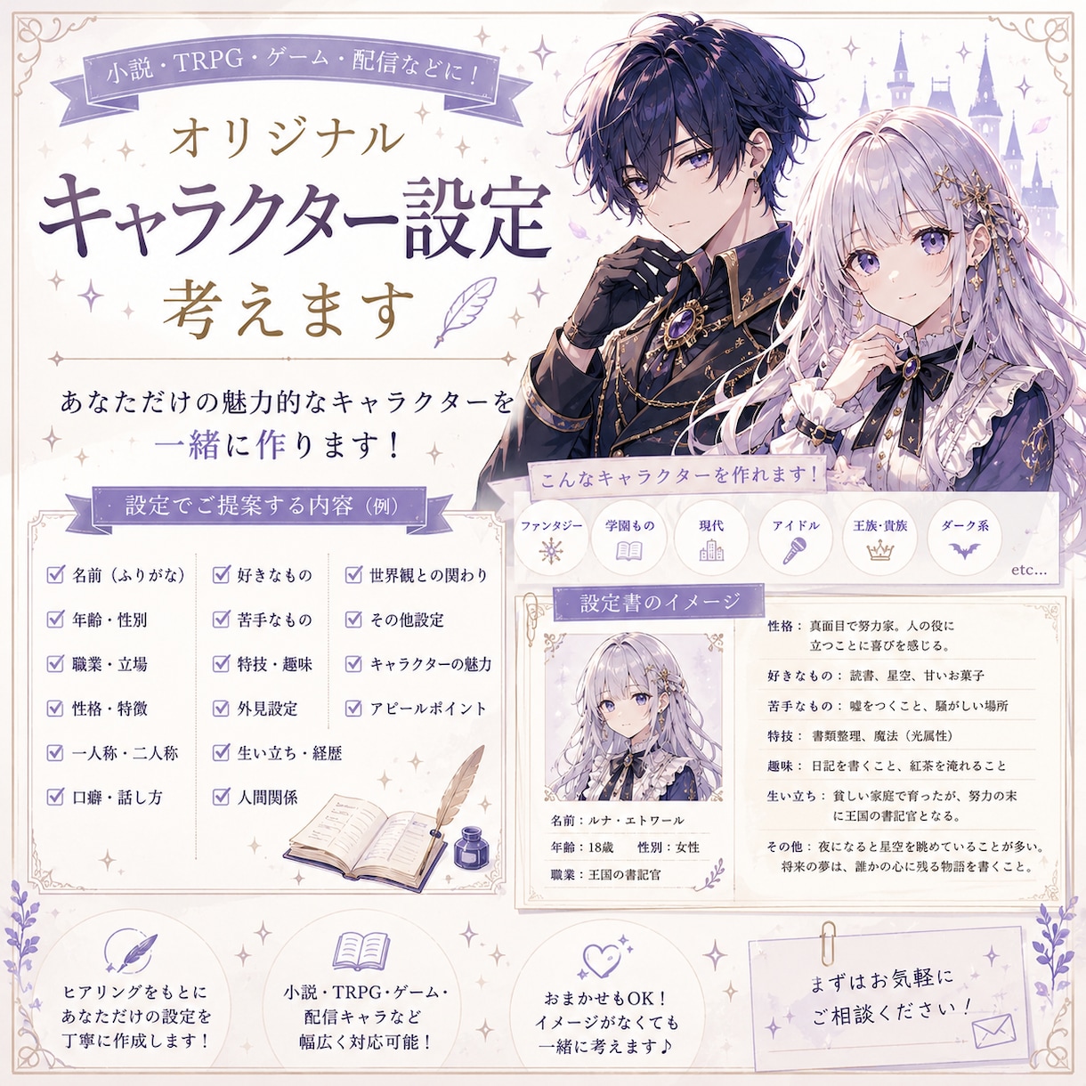 オリジナルキャラクター設定を考えます 創作初心者さんも歓迎いたします イメージ1