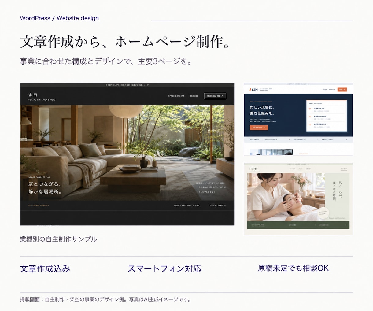 文章作成込みでホームページを制作します 原稿がなくても相談OK｜スマホ対応・主要3ページ イメージ1