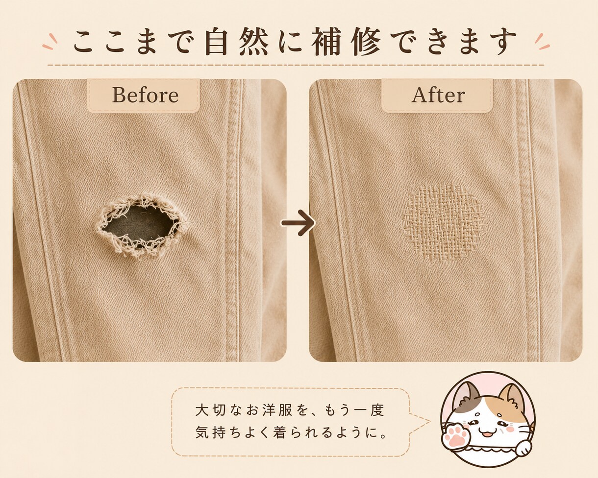 子ども服の膝穴・破れを1か所丁寧に補修します 先着3名様1,500円｜77歳・手仕事歴50年 イメージ2