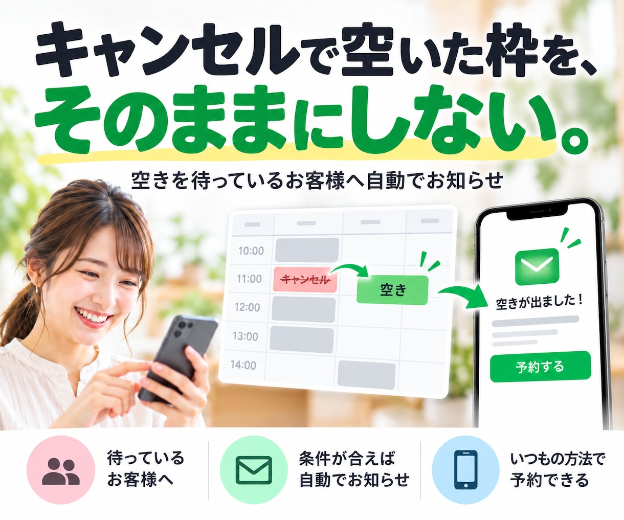 キャンセル待ちのお客様へ空き枠を自動通知します 今の予約受付方法はそのまま。キャンセル待ちのお客様へお知らせ イメージ1