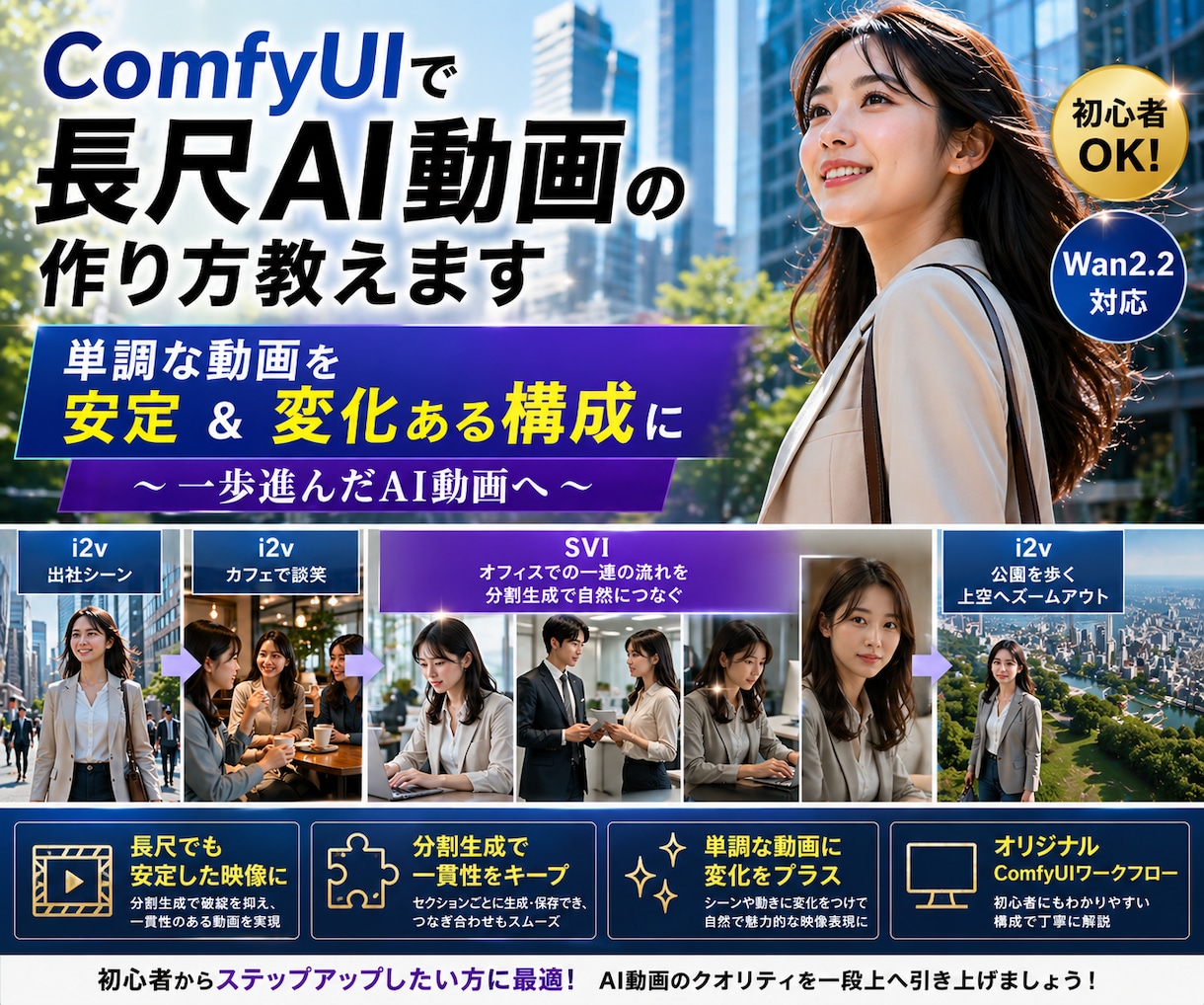 ComfyUIで長尺AI動画の作り方教えます 単調な動画を安定＆変化ある構成に ～一歩進んだAI動画へ～ イメージ1
