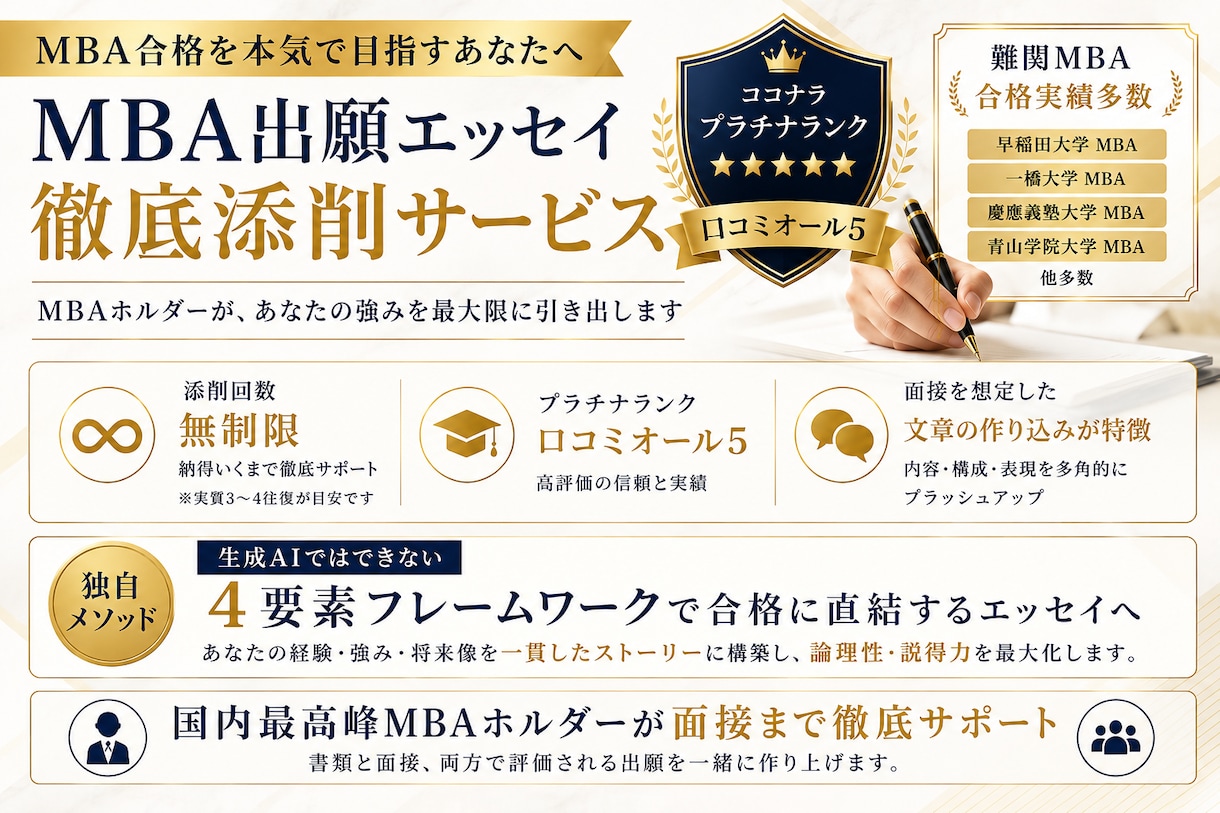 添削回数無制限！国内MBA出願書類の添削をします 短時間&低コストにて！国内最高峰MBAホルダーが一貫して対応 イメージ1
