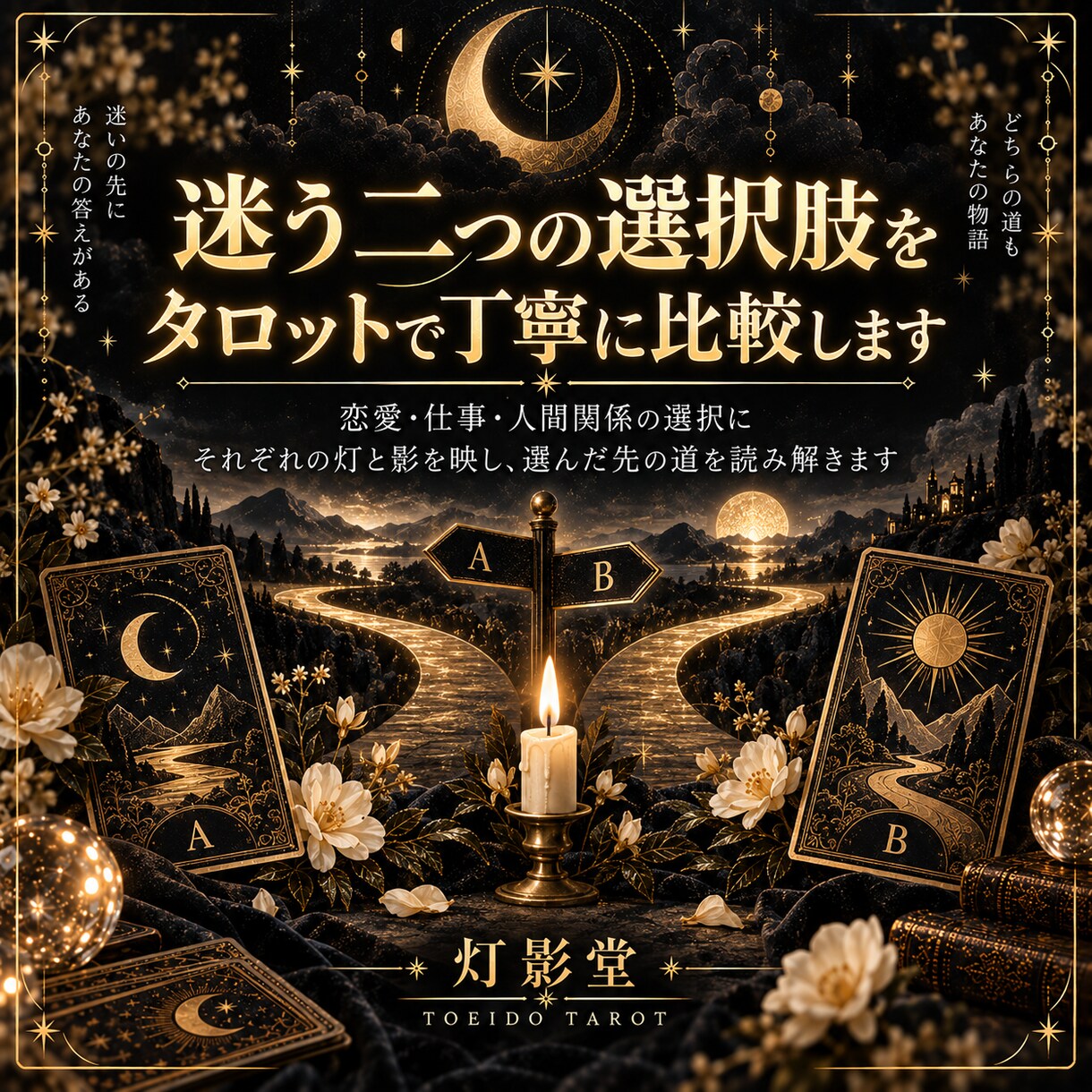 迷う二つの選択肢をタロットで丁寧に比較します それぞれの灯と影を映し、選んだ先の道を読み解きます イメージ1