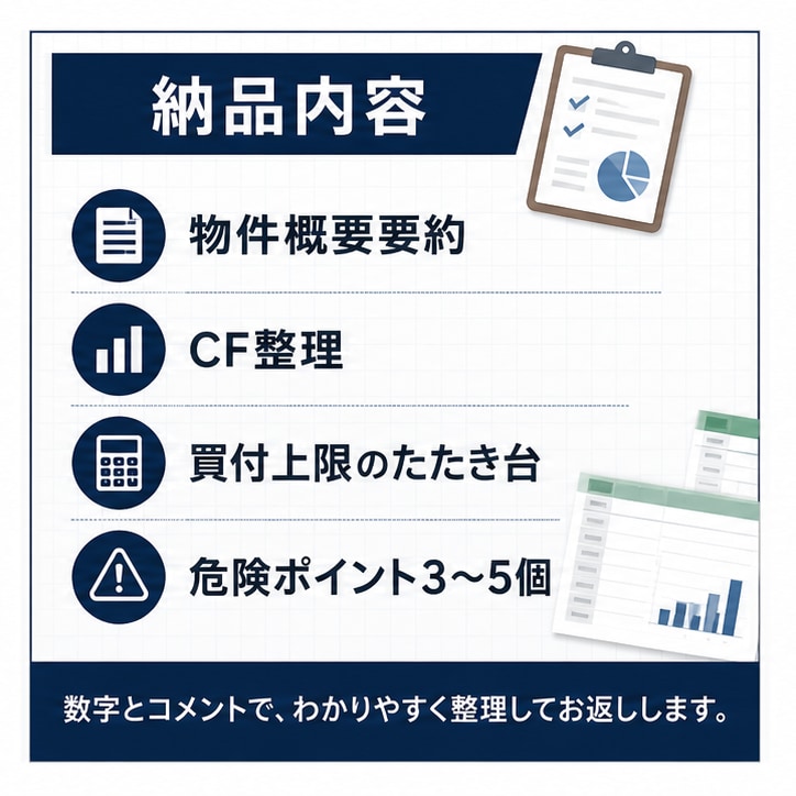 収益物件の買付判断シートを作成します CF・買付上限・危険点を1件ごとに整理します イメージ2
