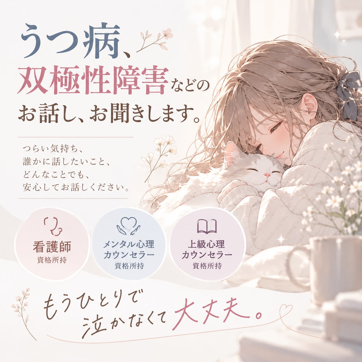 うつ・双極性障害など心のお悩みを丁寧にお聞きします 文字でゆっくり伝えたいあなたへ。やさしく聞くトークルーム。 イメージ1