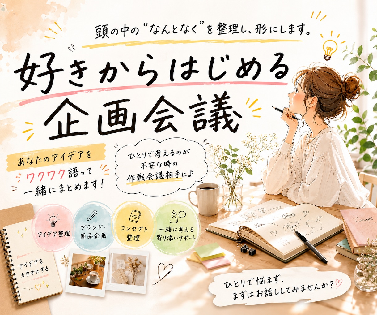 頭の中の”なんとなく”を整理します ふわっとしたアイデア、一緒に整理します。 イメージ1