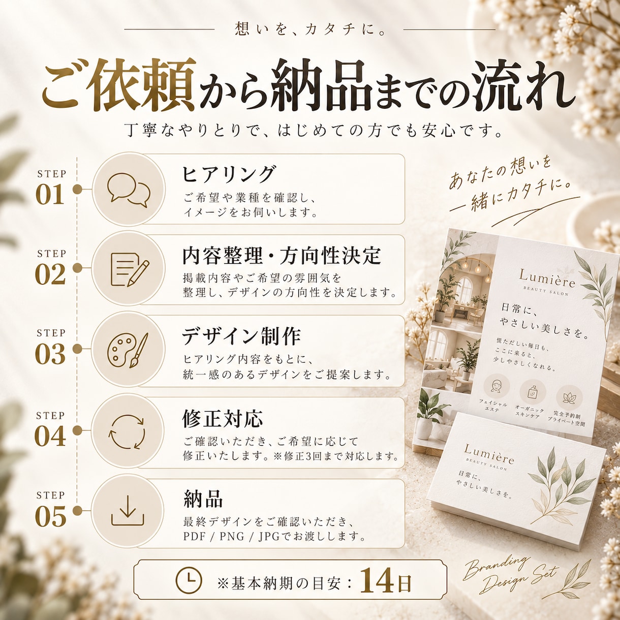 開業・店舗向け販促デザイン3点セットを制作します 名刺を作って終わりではなくお店の“伝わる”をまとめて整えます イメージ5