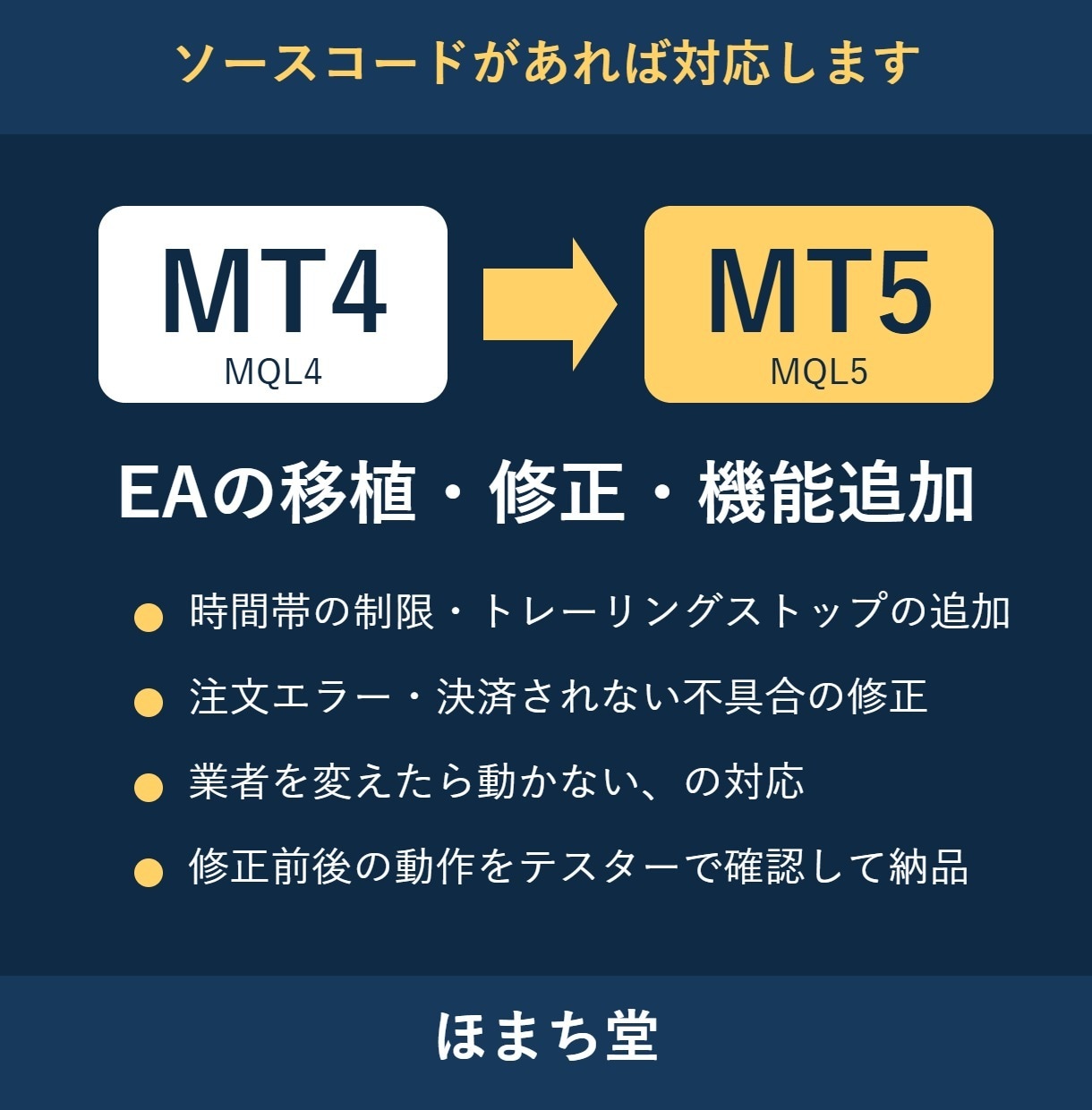 MT4のEAをMT5へ移植・既存EAの修正をします MT4版と同じ動きかバックテストで比べて納品します イメージ1