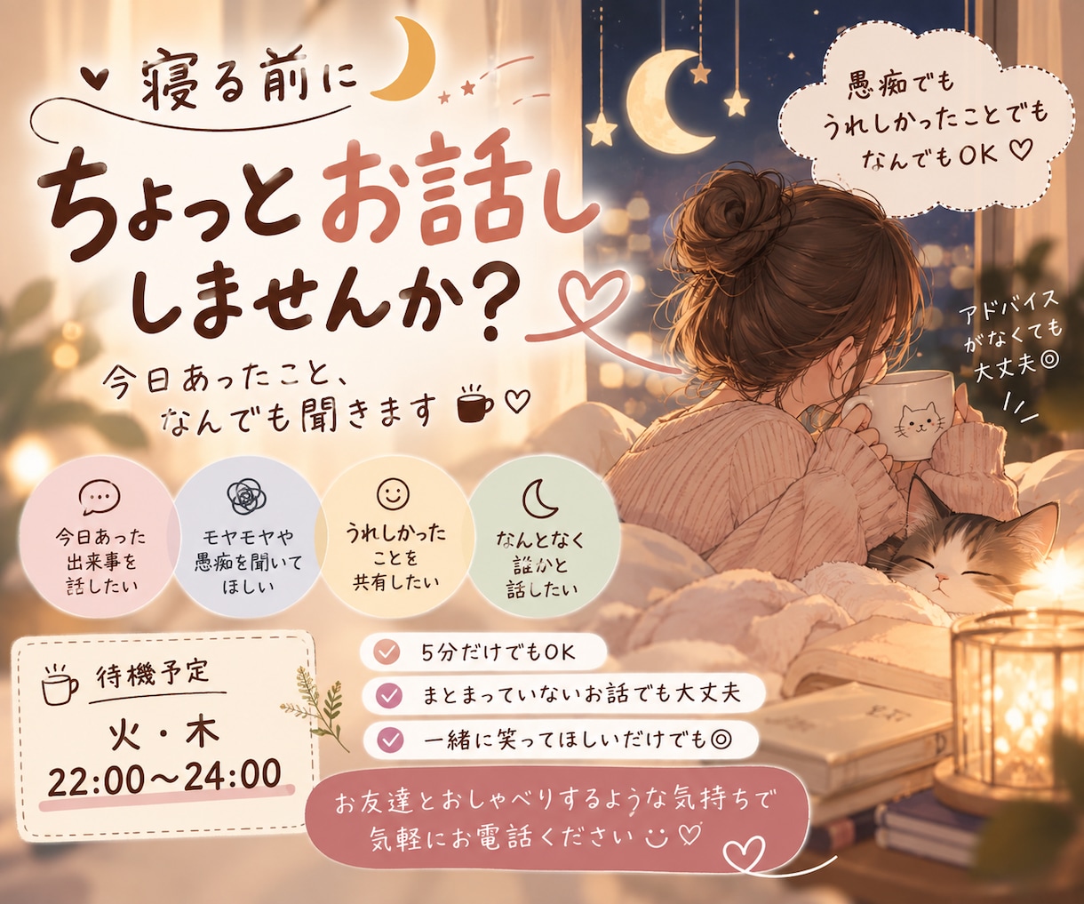 誰かと話したい夜にお話聞きます 相談じゃなくても大丈夫。なんとなく話したい夜にもどうぞ イメージ1