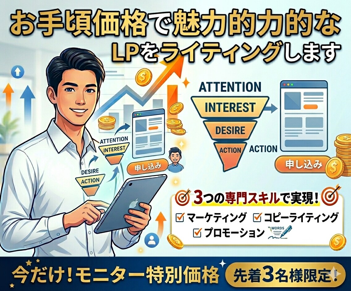 お手頃価格で魅力的なLPをライティングします 商品の魅力を100％伝え思わず行動したくなる仕組みを作ります イメージ1