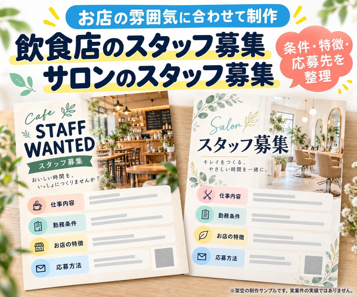 店舗のスタッフ募集チラシを制作します 仕事内容・勤務条件・応募方法が分かる求人案内へ イメージ3