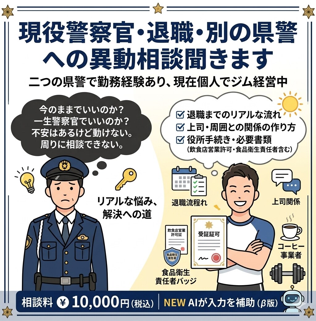 現役警察官、退職・別の県警への異動相談聞きます 二つの県警で勤務経験あり、現在個人でジム経営中 イメージ1
