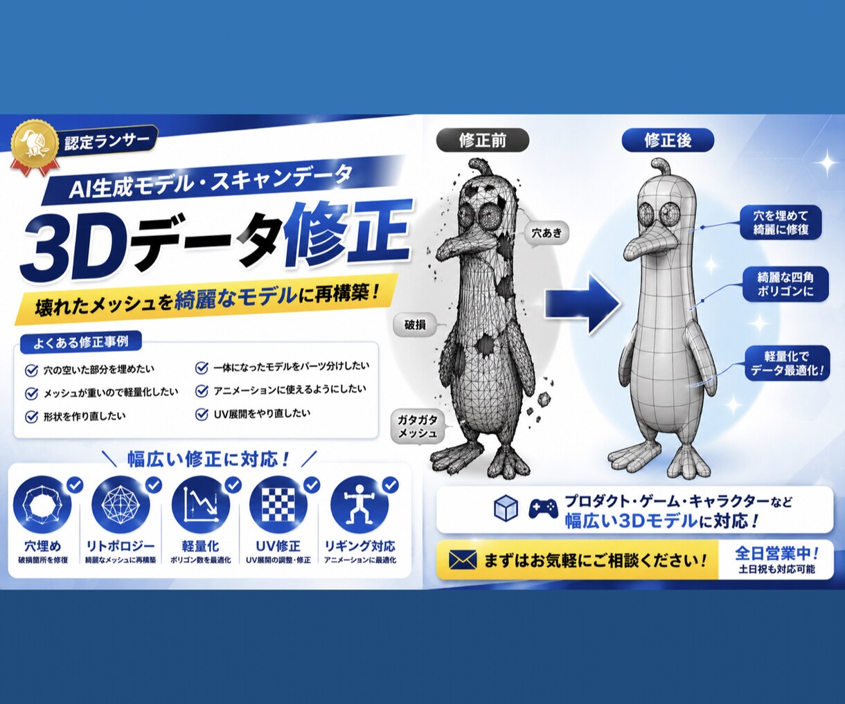 AI生成モデルやスキャンデータの修正いたします ゲーム内アイテムやキャラクターまで幅広くご対応可能です。 イメージ1