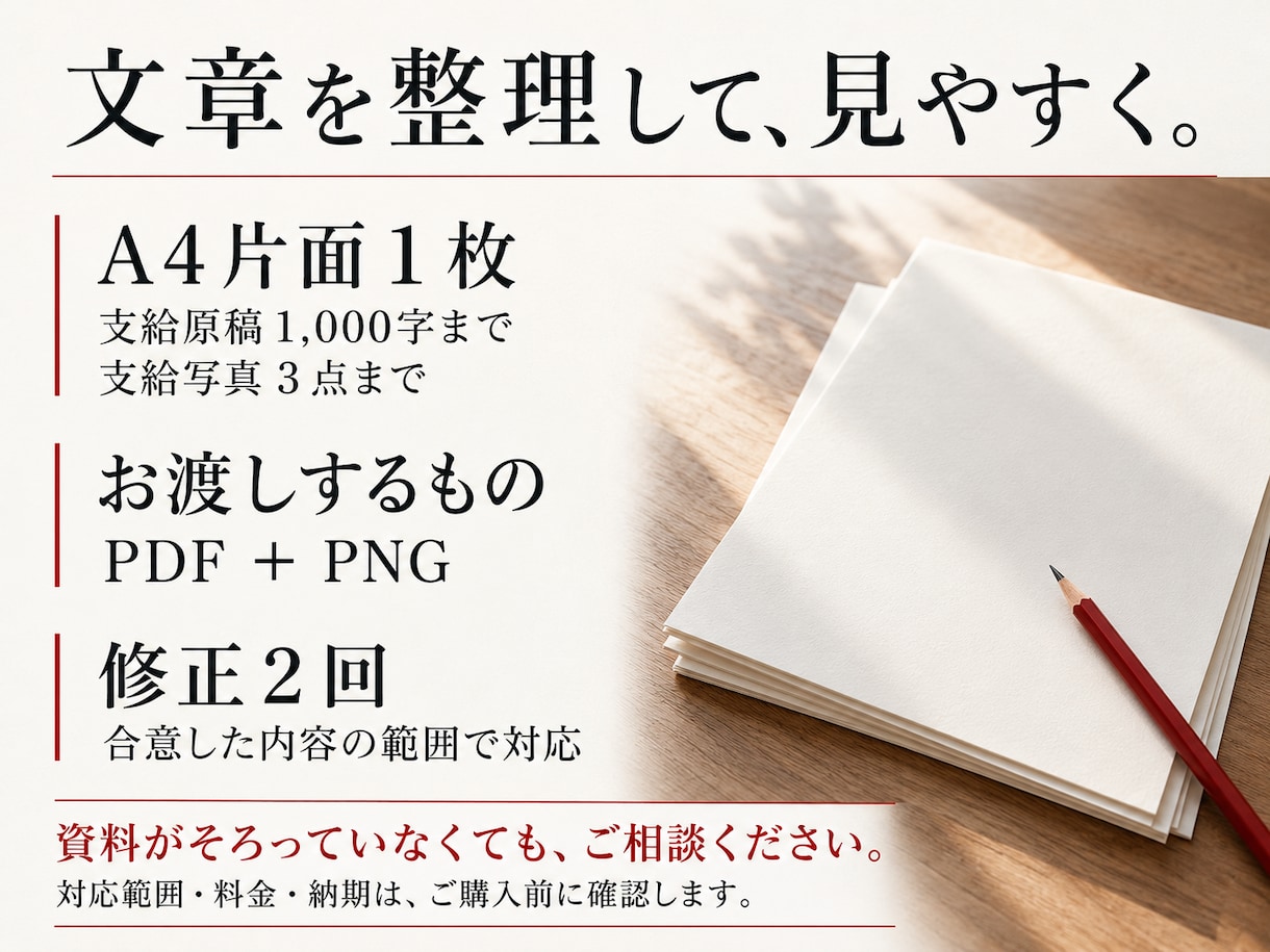 A4片面の案内チラシをデザインします 文章と写真を整理し、伝わる1枚に整えます イメージ3