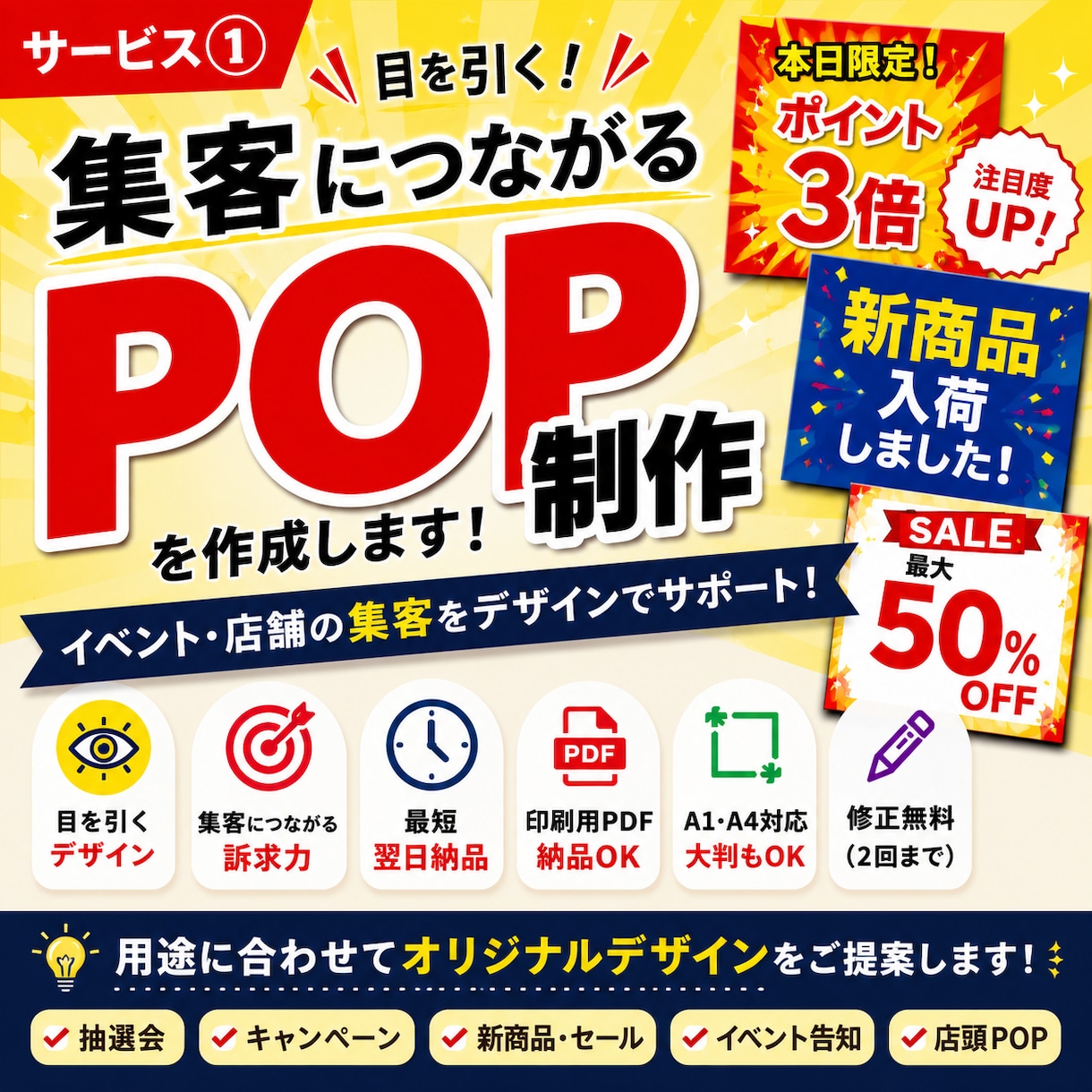 目を引く集客POPを作成します 店舗・イベント・キャンペーン向けの目を引くPOPを制作します イメージ1