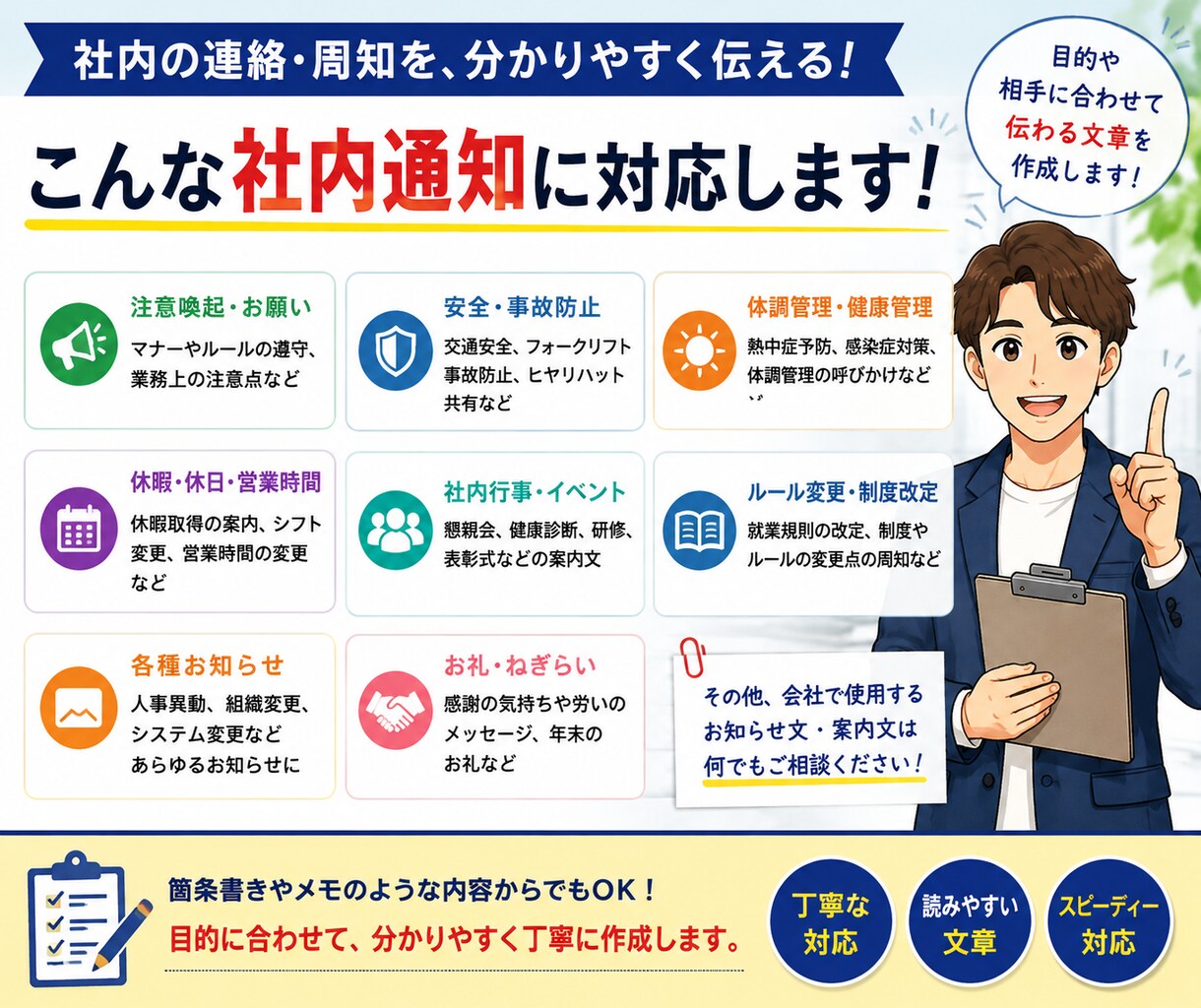 現場に伝わる社内通知・注意喚起文を作成します 安全・体調管理・ルール周知を伝わる文章にします イメージ2
