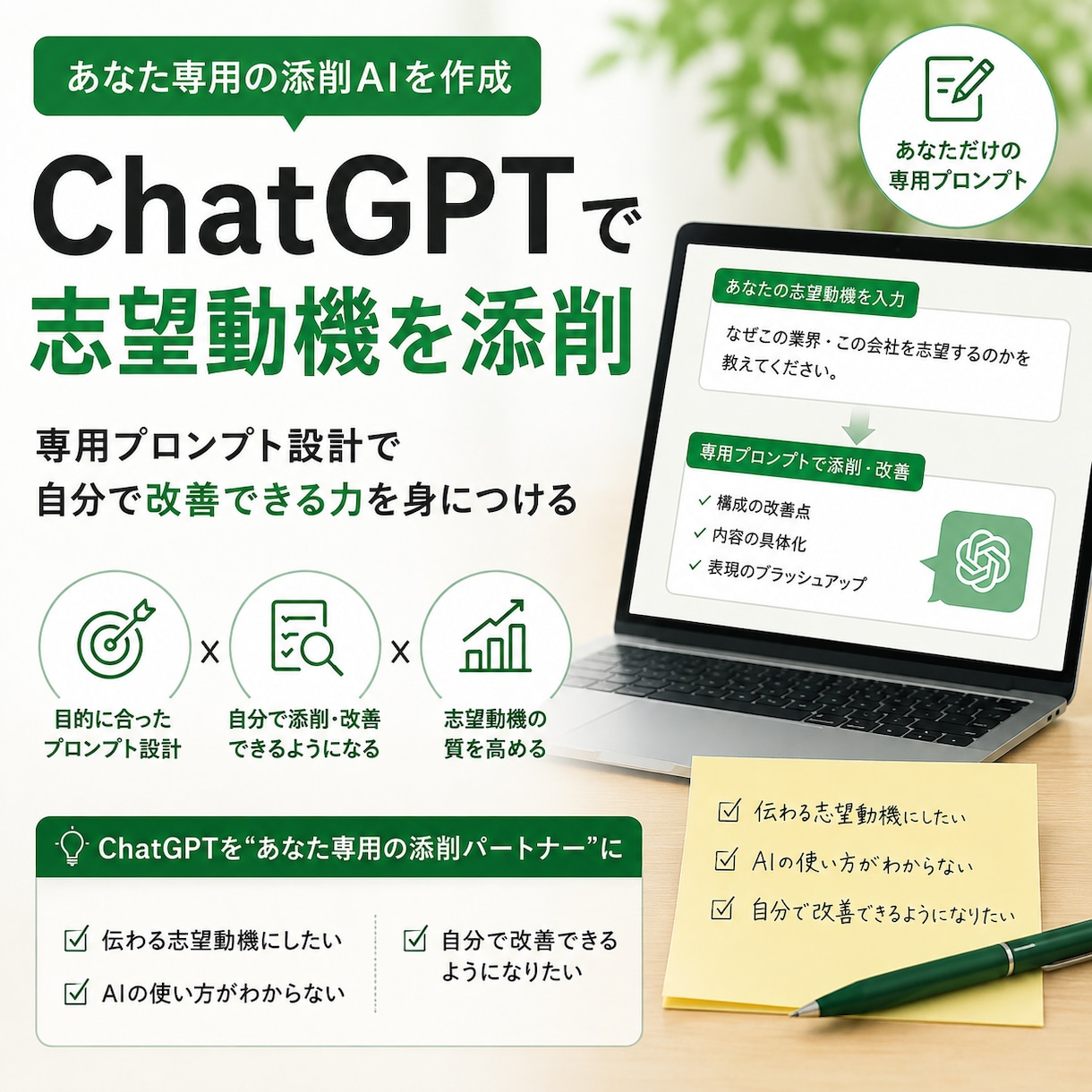 ChatGPTで志望動機を添削｜専用AI作成します あなた専用のChatGPT添削プロンプトを設計します。 イメージ1