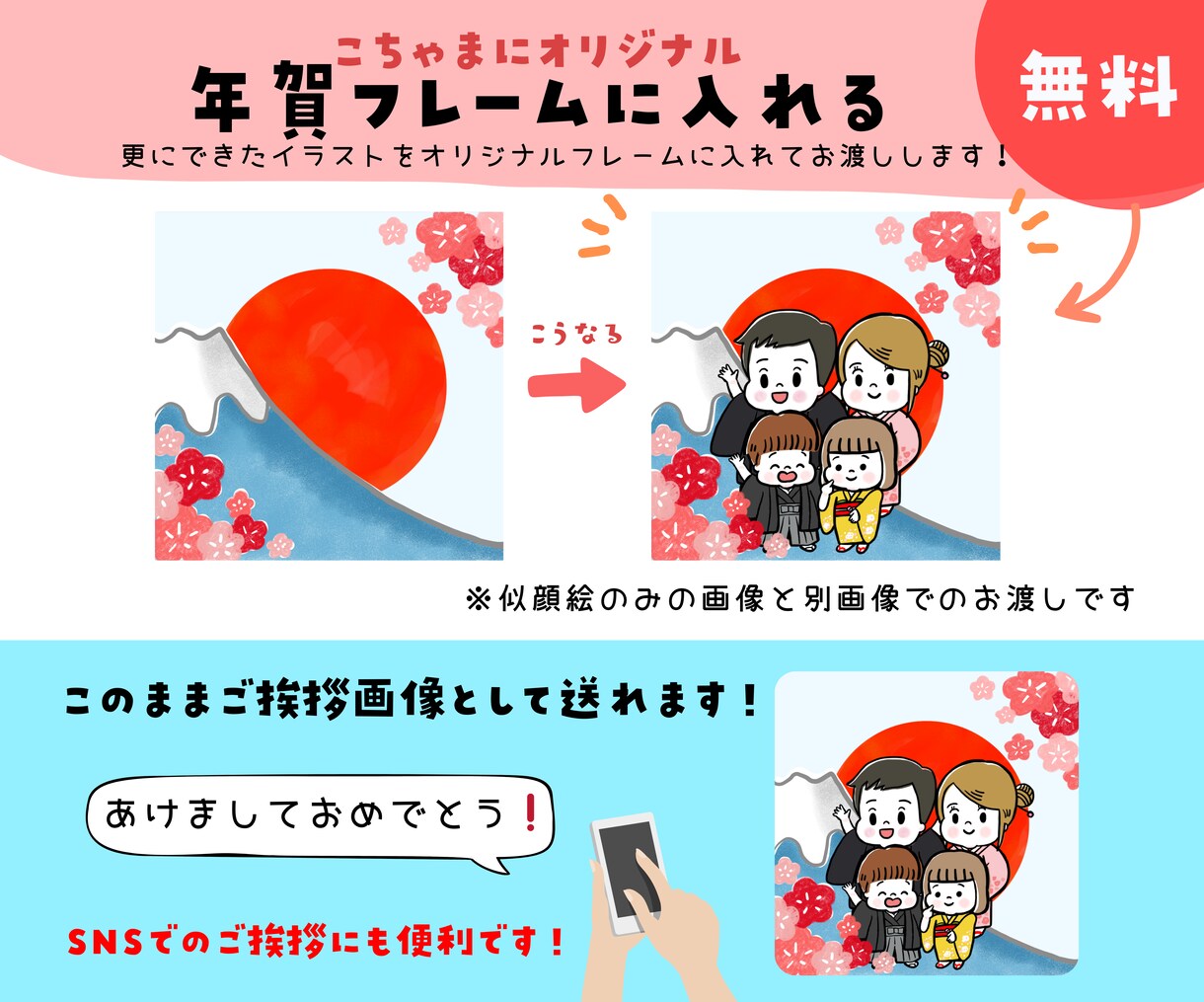お年賀似顔絵！ご家族のイラストアイコンを描きます 年賀状の代わりに！SNS、LINEやメールでのご挨拶に便利！ イメージ5