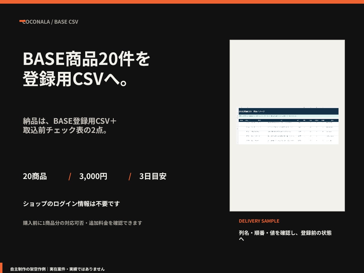 BASEの商品登録用CSVを20件分作成します 3,000円｜ログイン不要｜CSV＋確認表を3日目安で納品 イメージ1