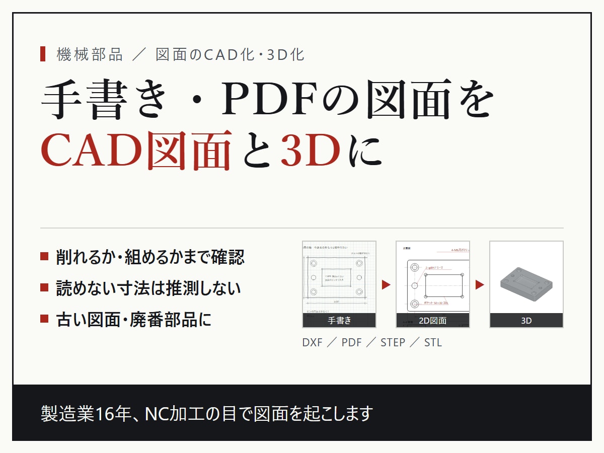 手書き・PDFの機械図面をCAD化・3D化します 読めない寸法は推測で埋めず、確認してから描きます イメージ1