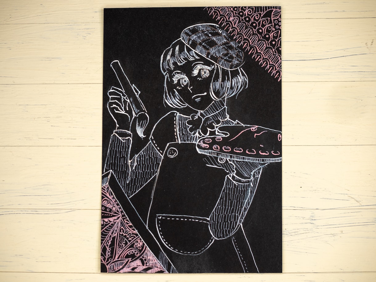 ポストカードサイズのイラスト描きます 黒の用紙にレトロな絵柄で、人物とゼンタングルを描きます。 イメージ1
