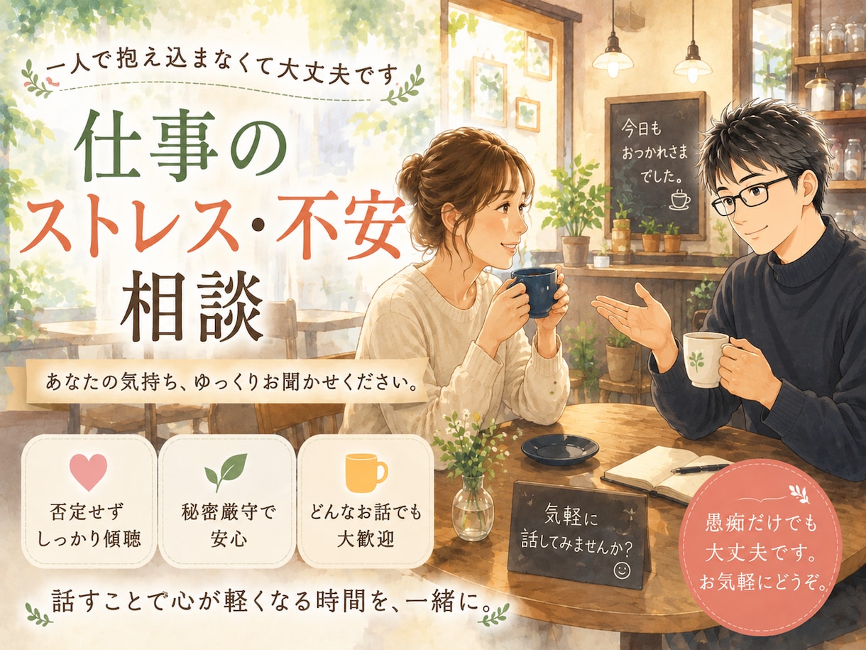 職場の人間関係や仕事の取り組み方の悩みお聞きします 職場のストレスで辛い方、特に介護士さんの方お待ちしています。 イメージ2