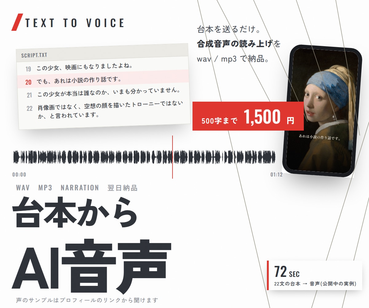 台本からAIナレーション音声を作ります 500字まで1,500円。翌日納品・wav/mp3 イメージ1