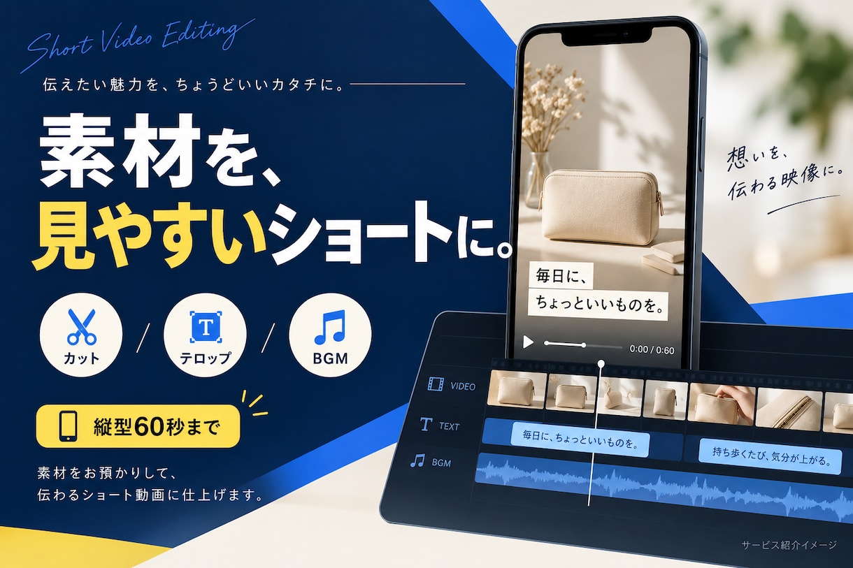 素材から見やすいショート動画を編集します カット・テロップ・BGMで縦型60秒まで イメージ1