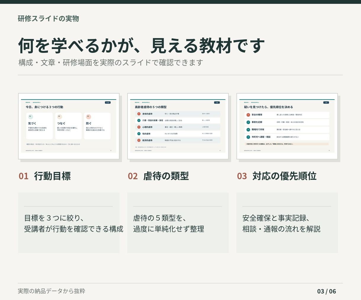 高齢者虐待防止研修の教材一式をお届けします 30分研修用｜スライド・講師ガイド・テスト・記録様式 イメージ3