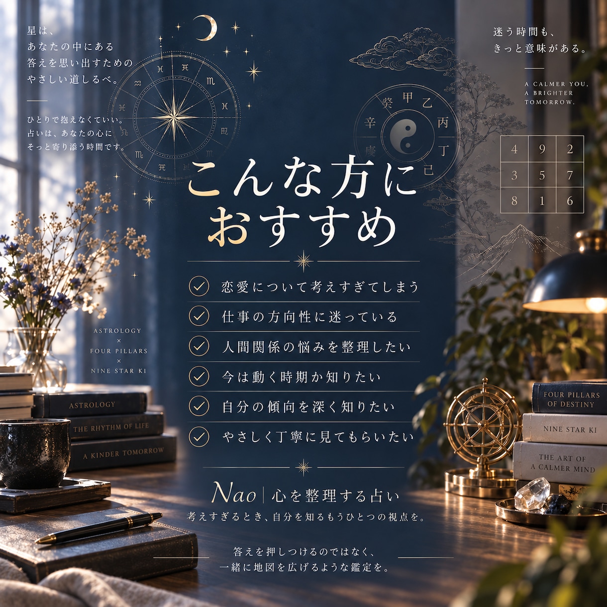 ホロスコープ×四柱推命×九星気学で丁寧に鑑定します 恋愛・仕事・人生の悩みを3つの占術で整理します イメージ3