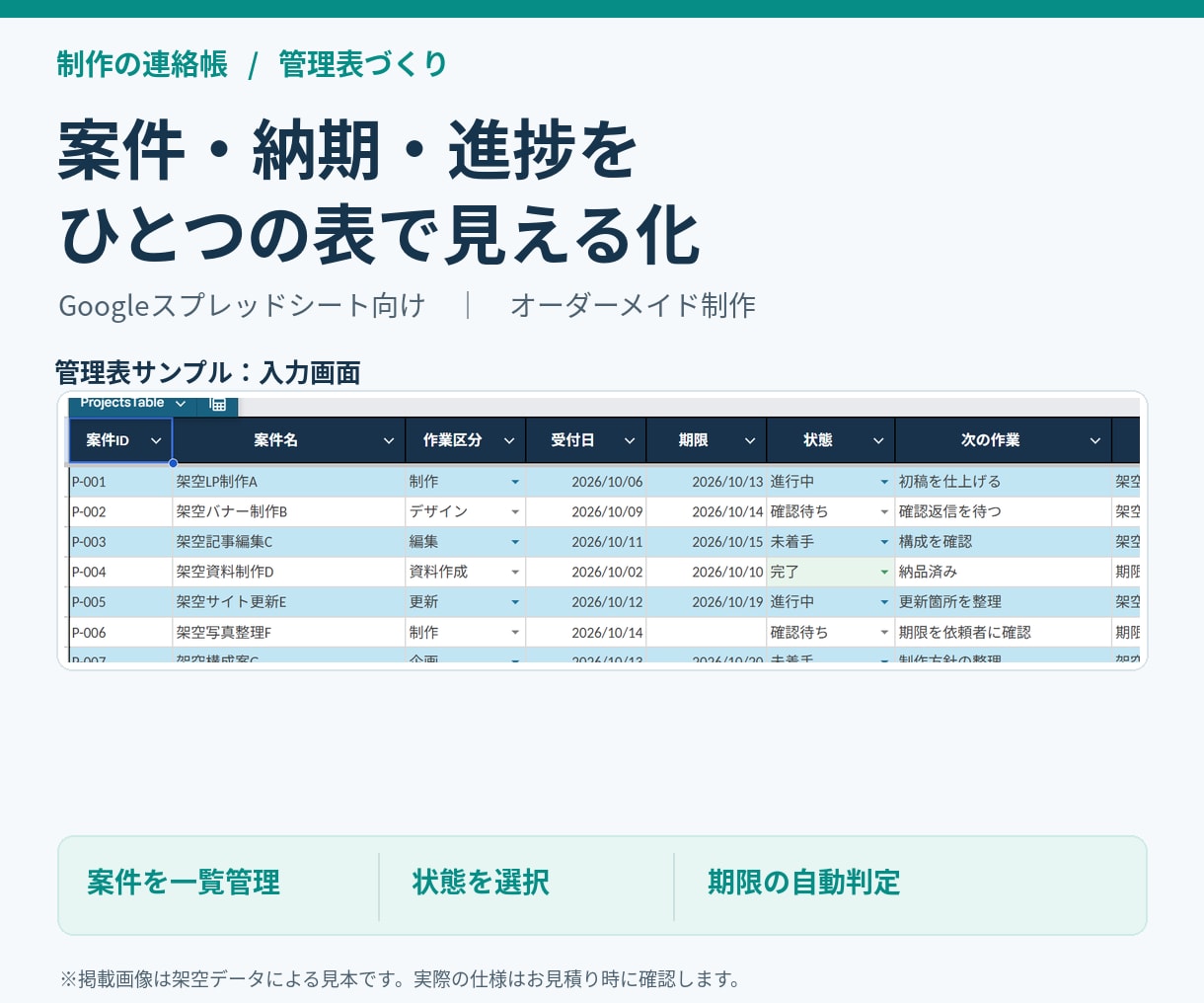 案件と納期をまとめる管理表を作ります 入力・集計・使い方を1ファイルに整理 イメージ1