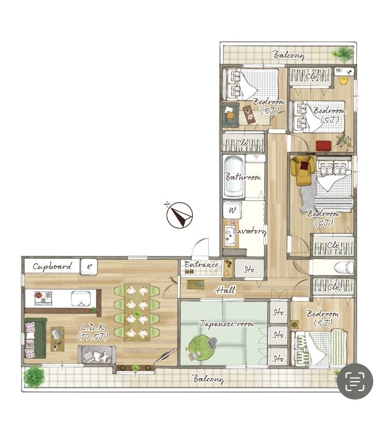 家具付⭐︎マンションの手描き風間取り図、作成します 家具や寝具、床材など再現します イメージ1