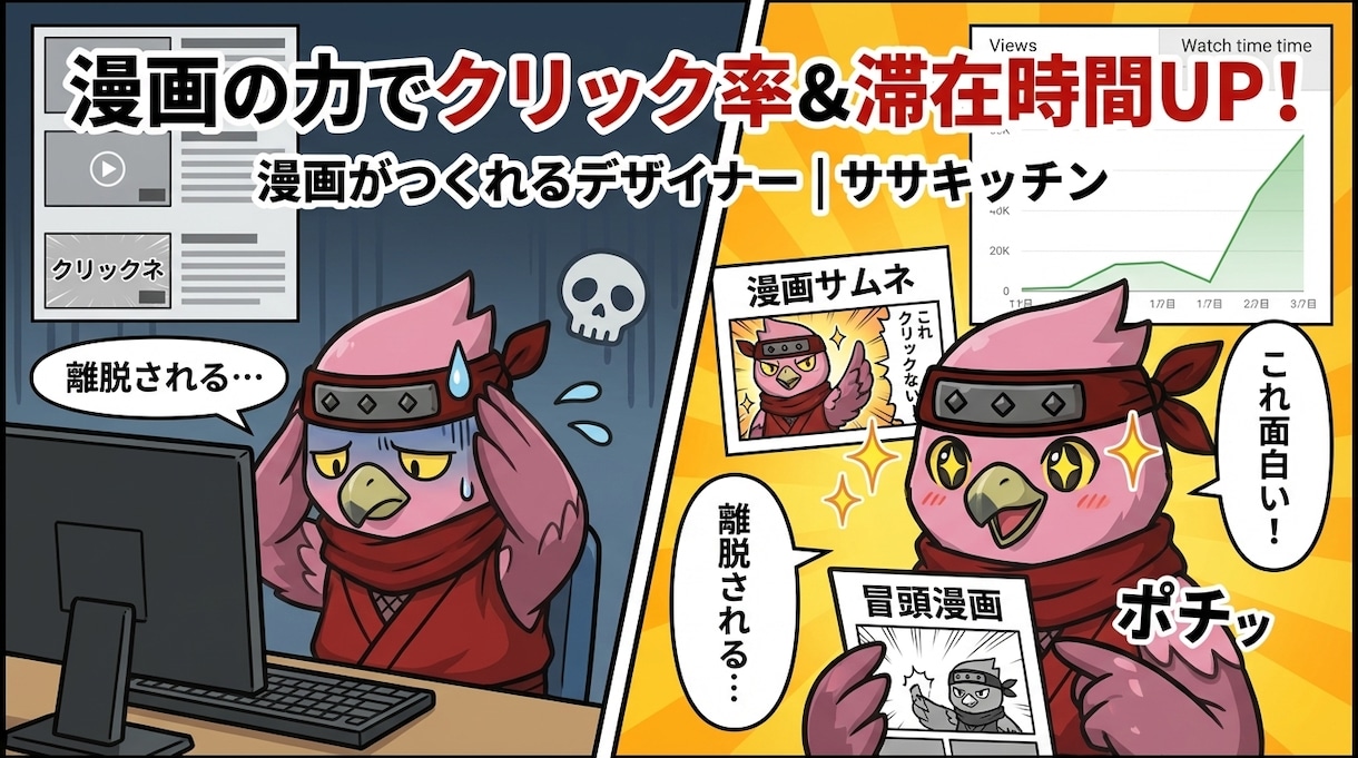 クリック率重視！思わず再生「漫画サムネ」作ります ​「良い動画なのに再生されない…」その原因はサムネかも？ イメージ1