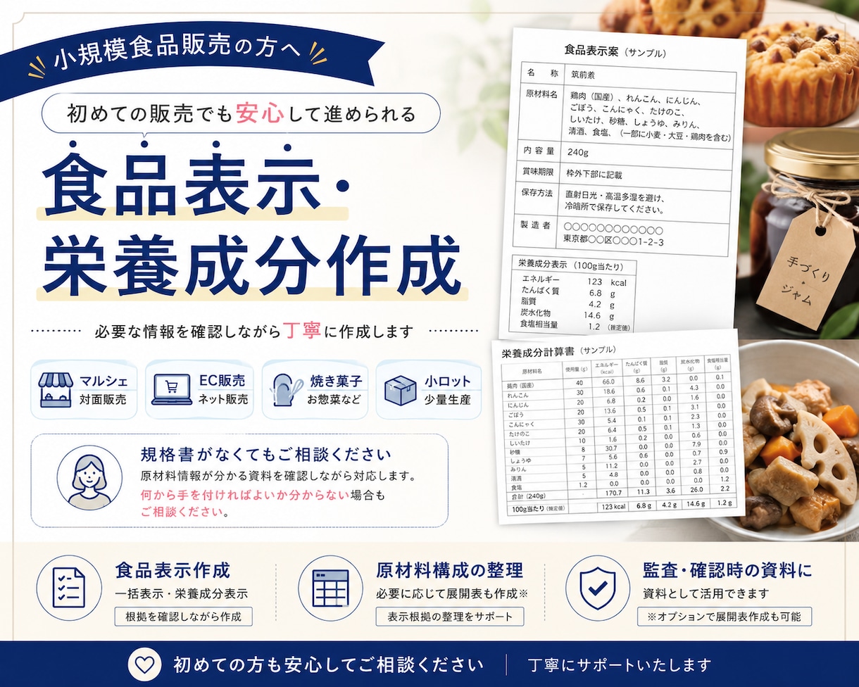 小規模食品販売の表示・栄養成分作成を承ります 初めての商品販売もご相談いただけます イメージ1