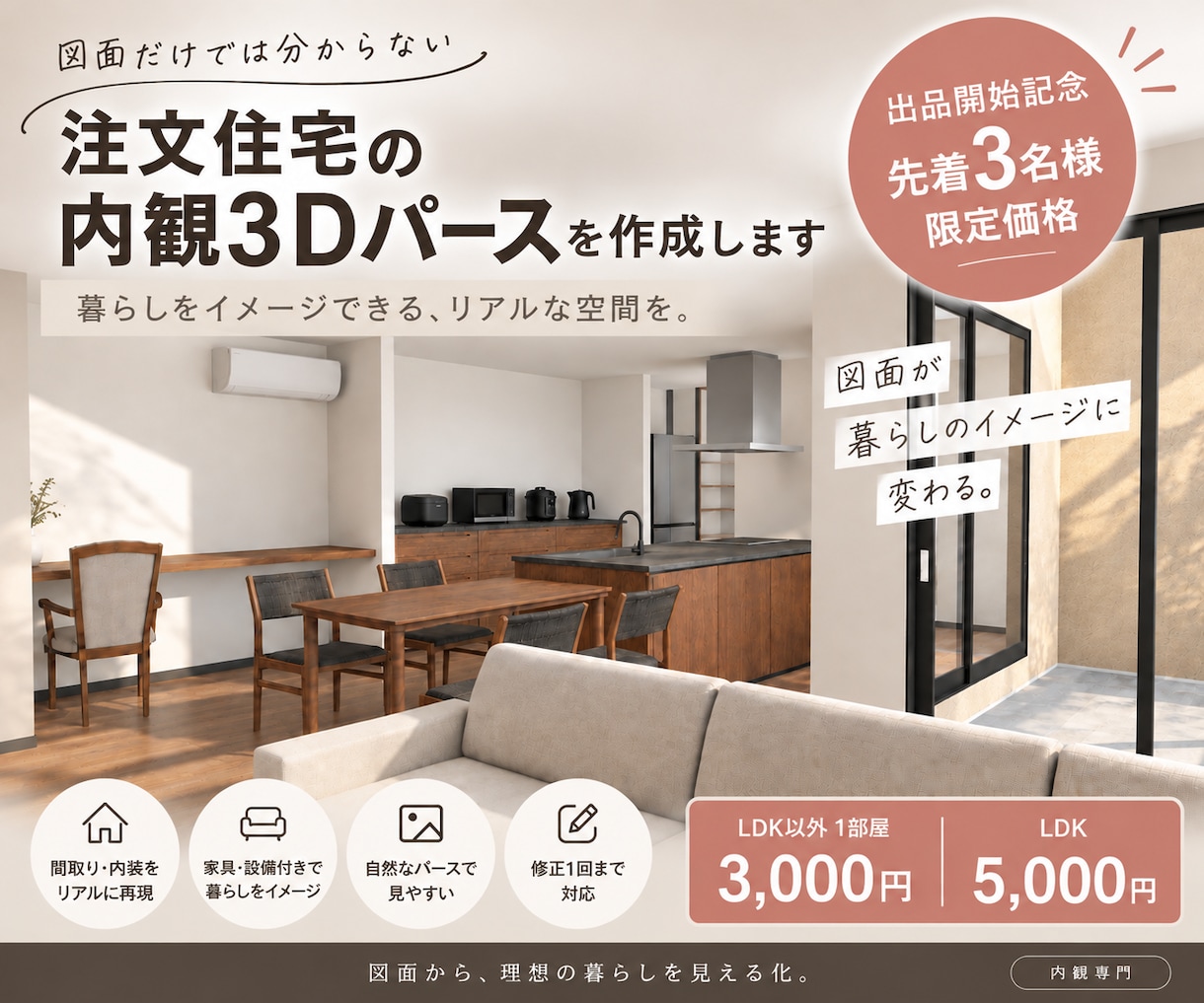 注文住宅の内観3Dパースを作成します 間取り確定前に完成後の部屋をイメージできます イメージ1