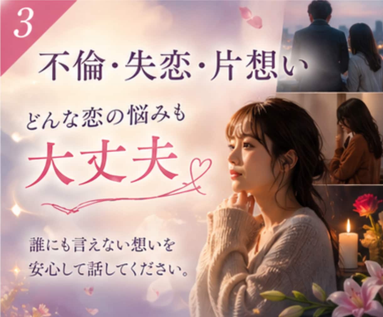 もう何が正しいかわからない・複雑恋愛の疲れ癒します 男の気持ちを知りたい・誰にも言えない・今すぐ繋がる心の港 イメージ4