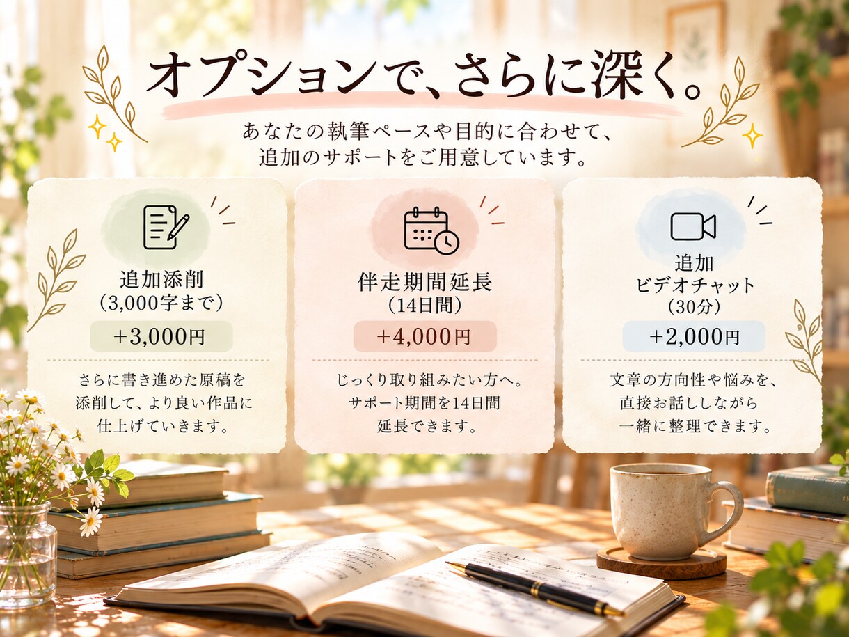 書きたい想いを物語に。小説家が30日間伴走します まずは、貴方らしい物語の紡ぎ方を対話で一緒に見つけましょう。 イメージ9