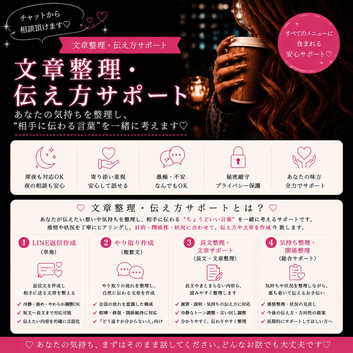 恋愛・人間関係の文章整理やLINE返信を作成します 感情的になってしまう時こそ、冷静に伝えるお手伝いをします。 イメージ1