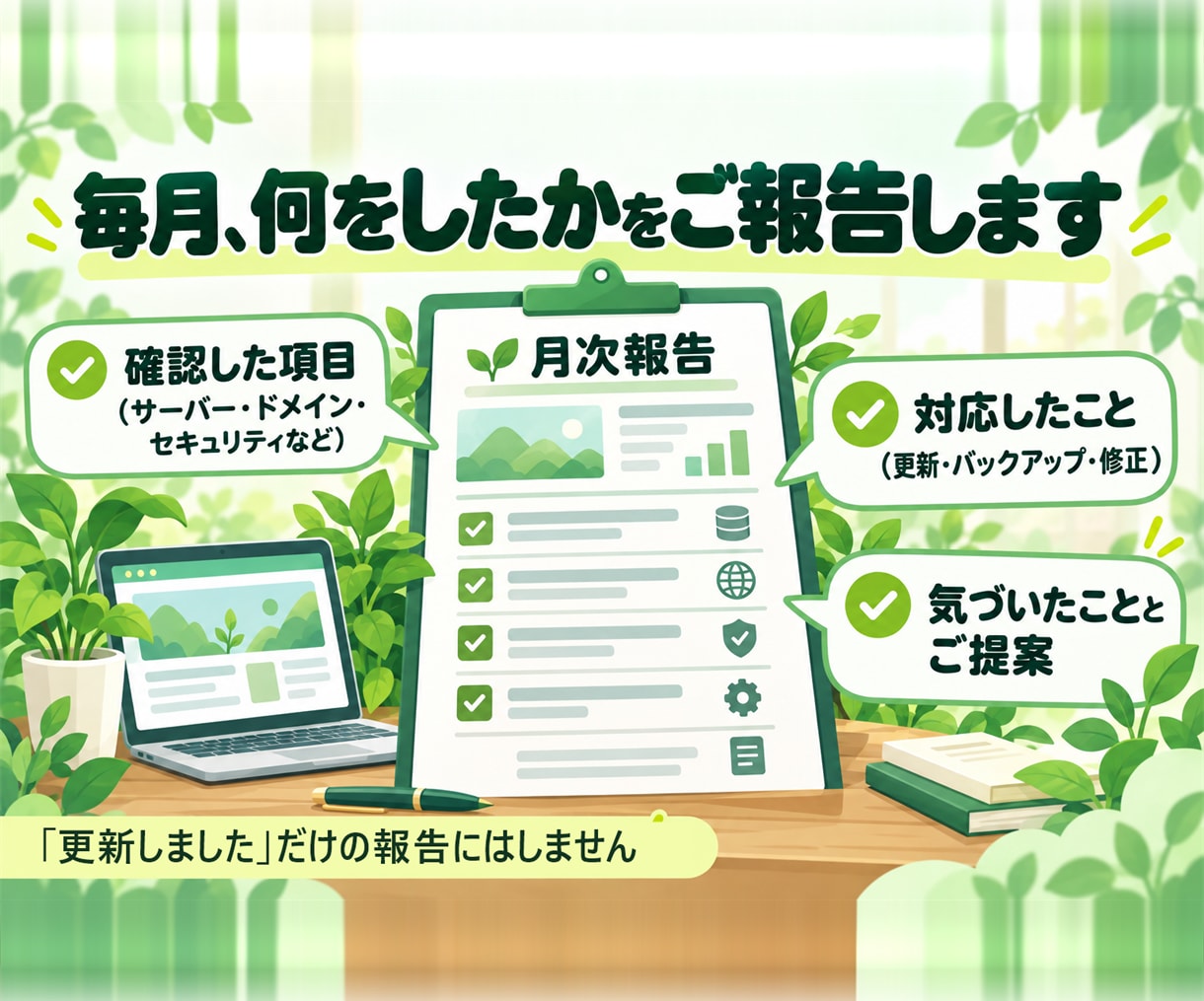 WordPress保守を月額で代行し毎月報告します 更新・バックアップ・監視をお任せ。毎月欠かさず確認します イメージ3