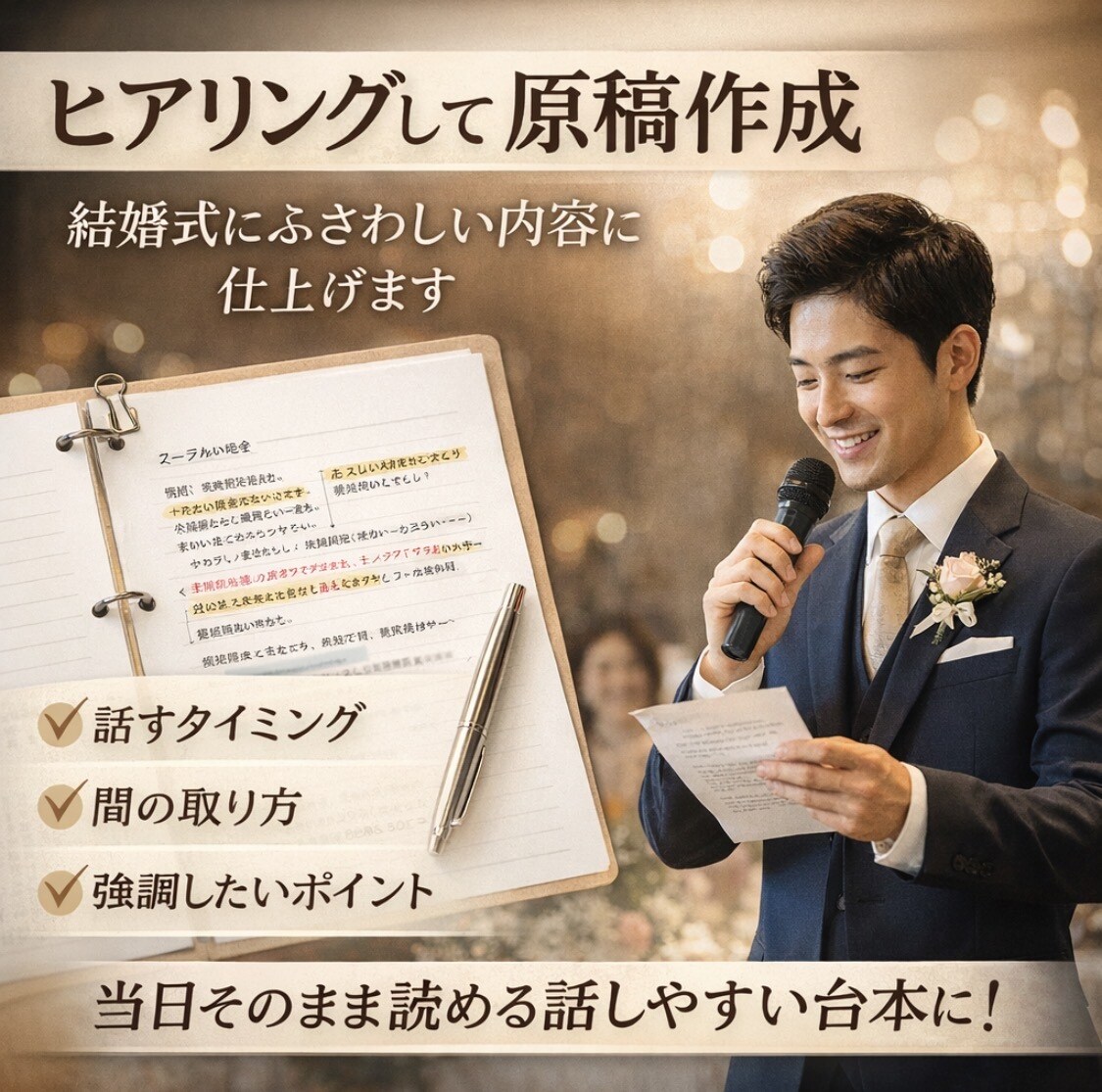 緊張しても大丈夫な“あなた専用スピーチ”を作ります 当日そのまま読める安心の結婚式スピーチ イメージ2