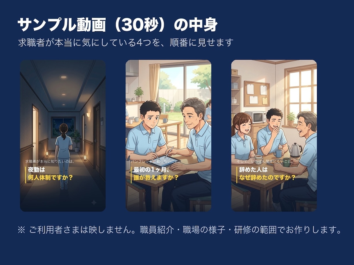 介護施設の職員募集ショート動画を作ります 介護の採用動画・求人動画｜求職者が見る所を30秒に イメージ2